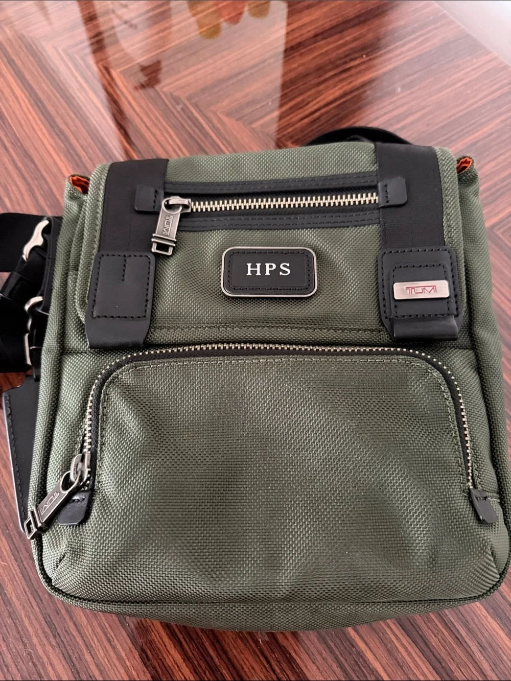 Tumi HPS Olive Green Nylon Sling Crossbody with Black Trim
